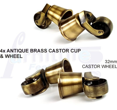 4x ANTIQUE BRASS CASTOR & CUP REPLACMENT 32mm ANTIQUE BRASS CASTORS FIX WITH SCREW OR BOLT NOT SUPPLIED