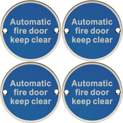 4x Automatic Fire Door Keep Clear Plaque 76mm Diameter Bright Stainless Steel