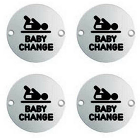 4x Bathroom Door Baby Change Sign 64mm Fixing Centres 76mm Dia Satin Steel