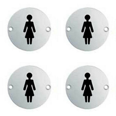 4x Bathroom Door Female Symbol Sign 64mm Fixing Centres 76mm Dia Polished Steel