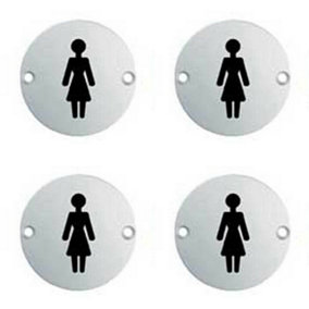 4x Bathroom Door Female Symbol Sign 64mm Fixing Centres 76mm Dia Polished Steel