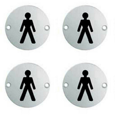 4x Bathroom Door Male Symbol Sign 64mm Fixing Centres 76mm Dia Polished Steel