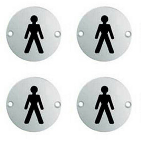 4x Bathroom Door Male Symbol Sign 64mm Fixing Centres 76mm Dia Polished Steel