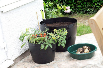 4x Black Barrel Planter Round Plastic Plant Pot 34cm Patio Garden Flower Tub