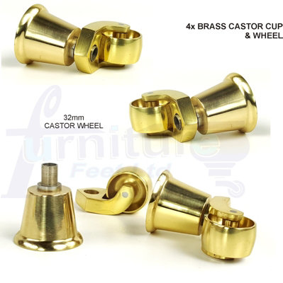 4x BRASS CASTOR & CUP REPLACMENT 32mm BRASS CASTORS FIX WITH SCREW OR BOLT NOT SUPPLIED