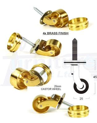 4x BRASS CASTOR & RING 25mm SCREW IN CASTOR  FURNITURE BEDS SOFAS CHAIRS STOOLS