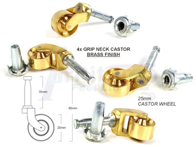 4x BRASS CASTOR & SOCKET PUSH IN CASTORS 25mm BRASS GRIP NECK CASTORS ...