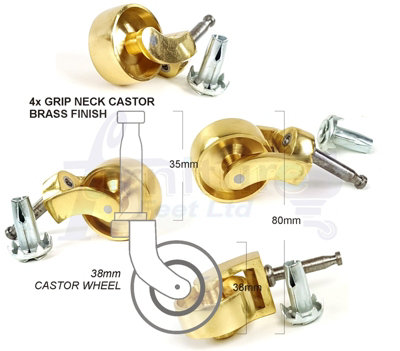 4x BRASS CASTOR & SOCKET PUSH IN CASTORS 38mm BRASS GRIP NECK CASTORS