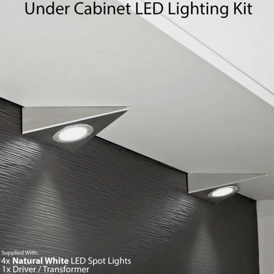4x BRUSHED NICKEL Pyramid Surface Under Cabinet Kitchen Light & Driver Kit - Natural White LED