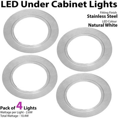 4x BRUSHED NICKEL Round Flush Under Cabinet Kitchen Light & Driver Kit - Natural White LED