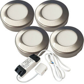 4x BRUSHED NICKEL Round Surface or Flush Under Cabinet Kitchen Light & Driver Kit - Natural White LED