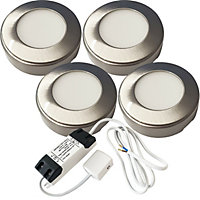 4x BRUSHED NICKEL Round Surface or Flush Under Cabinet Kitchen Light & Driver Kit - Warm White LED