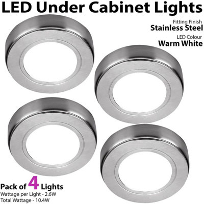 4x BRUSHED NICKEL Round Surface or Flush Under Cabinet Kitchen Light & Driver Kit - Warm White LED