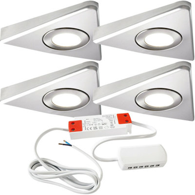 4x BRUSHED NICKEL Triangle Surface Under Cabinet Kitchen Light & Driver Kit - Natural White LED