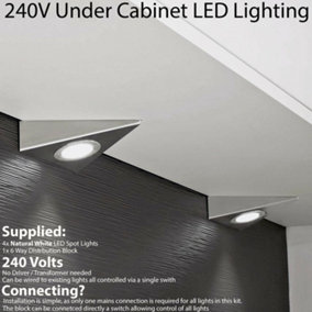 4x BRUSHED NICKEL Triangle Surface Under Cabinet Kitchen Light Kit - 240V Mains Powered - Natural White LED