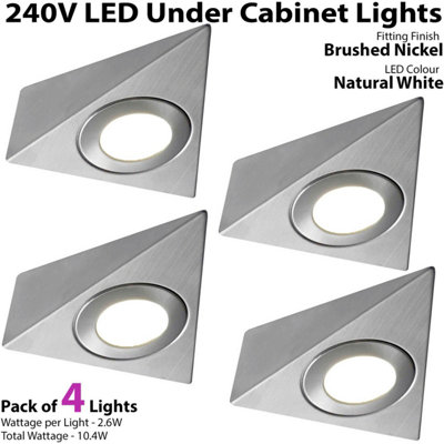 4x BRUSHED NICKEL Triangle Surface Under Cabinet Kitchen Light Kit - 240V Mains Powered - Natural White LED