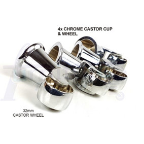 4x CHROME CASTOR & CUP 32mm REPLACMENT CHROME CASTORS FIX WITH SCREW OR BOLT NOT SUPPLIED