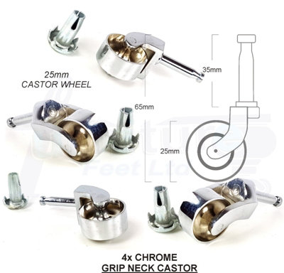 4x CHROME CASTOR & SOCKET 32mm PUSH IN CASTORS. CHROME GRIP NECK CASTORS  FURNITURE BEDS SOFAS CHAIRS STOOLS