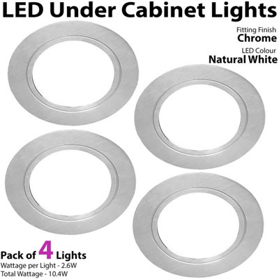 4x CHROME Round Flush Under Cabinet Kitchen Light & Driver Kit - Natural White LED