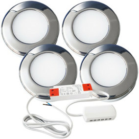 4x CHROME Round Surface or Flush Under Cabinet Kitchen Light & Driver Kit - Natural White LED