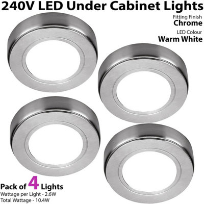 4x CHROME Round Surface or Flush Under Cabinet Kitchen Light Kit - 240V Mains Powered - Warm White LED