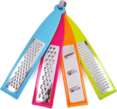 4x Colourful Food Graters with Non-Slip Feet - Flat Stainless Steel Grater and Zester Kitchen Accessory Set - 29cm x 5.5cm