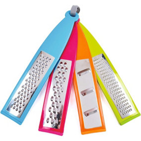 4x Colourful Food Graters with Non-Slip Feet - Flat Stainless Steel Grater and Zester Kitchen Accessory Set - 29cm x 5.5cm