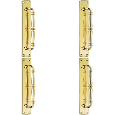 4x Cranked Ornate Door Pull Handle 380 x 65mm Backplate Polished Brass