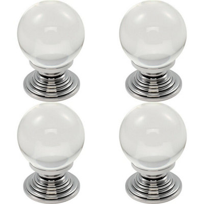 4x Crystal Ball Cupboard Door Knob 30mm Diameter Clear Translucent & Chrome