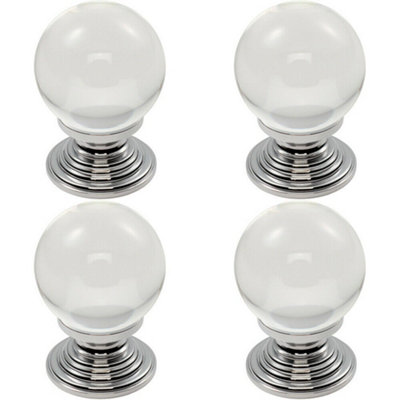 4x Crystal Ball Cupboard Door Knob 34mm Diameter Clear Translucent & Chrome