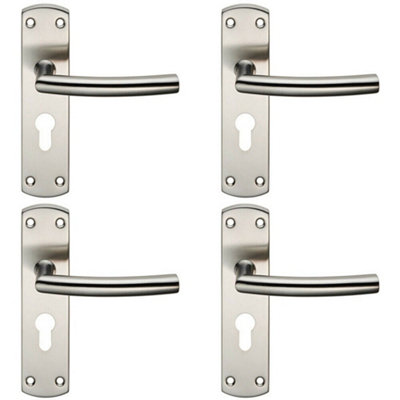 4x Curved Bar Lever Door Handle on Euro Lock Backplate 172 x 44mm Satin Steel