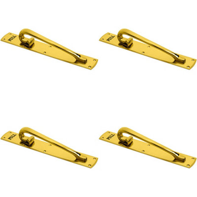 4x Curved Left Handed Door Pull Handle Engraved with 'Pull' Polished Brass