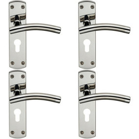 4x Curved Lever on Euro Lock Backplate Handle 172 x 44mm Polished & Satin Steel