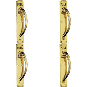 4x Curved Right Handed Door Pull Handle Engraved with 'Pull' Polished Brass