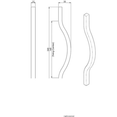 4x Curved Square Bar Pull Handle 240 x 12mm 160mm Fixing Centres Chrome