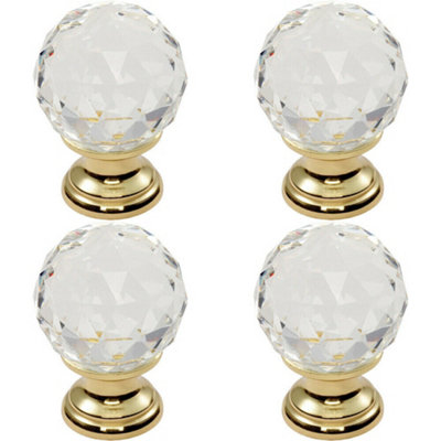 4x Faceted Crystal Cupboard Door Knob 25mm Dia Polished Brass Cabinet Handle