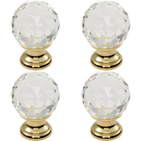 4x Faceted Crystal Cupboard Door Knob 25mm Dia Polished Brass Cabinet Handle