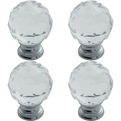 4x Faceted Crystal Cupboard Door Knob 25mm Dia Polished Chrome Cabinet Handle