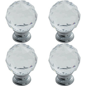 4x Faceted Crystal Cupboard Door Knob 25mm Dia Polished Chrome Cabinet Handle