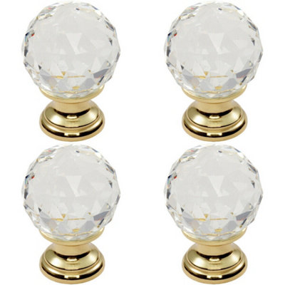 4x Faceted Crystal Cupboard Door Knob 31mm Dia Polished Brass Cabinet Handle