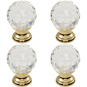 4x Faceted Crystal Cupboard Door Knob 31mm Dia Polished Brass Cabinet Handle