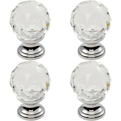 4x Faceted Crystal Cupboard Door Knob 31mm Dia Polished Chrome Cabinet Handle