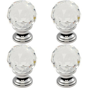 4x Faceted Crystal Cupboard Door Knob 31mm Dia Polished Chrome Cabinet Handle