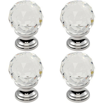 4x Faceted Crystal Cupboard Door Knob 35mm Dia Polished Chrome Cabinet Handle