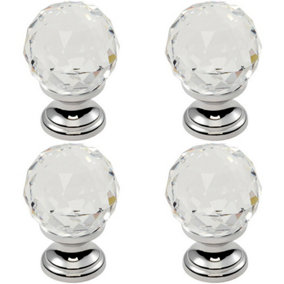 4x Faceted Crystal Cupboard Door Knob 35mm Dia Polished Chrome Cabinet Handle