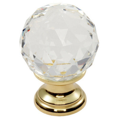 4x Faceted Crystal Cupboard Door Knob 40mm Dia Polished Brass Cabinet Handle