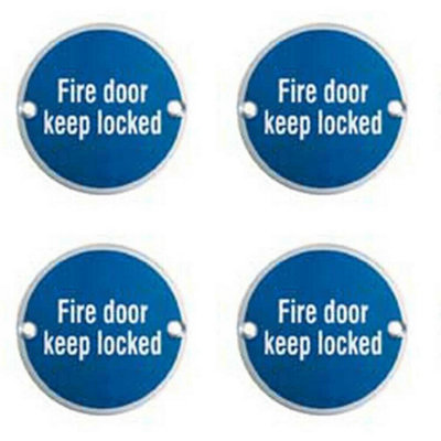 4x Fire Door Keep Locked Sign 64mm Fixing Centres 76mm Dia Satin Steel
