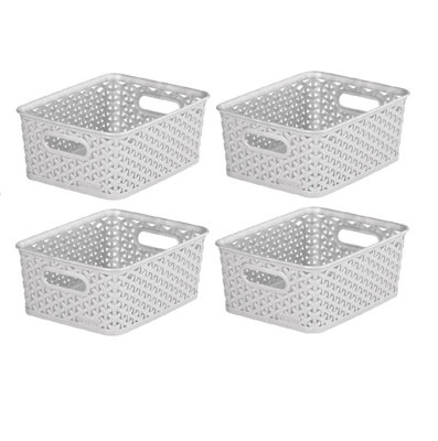 4x Grey 4L Curver Plastic Rattan Storage Basket Shelf Tray 25.5 x 19.5cm