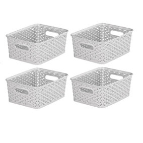 4x Grey 4L Curver Plastic Rattan Storage Basket Shelf Tray 25.5 x 19.5cm
