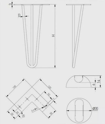 4x Hairpin Legs Hair Pin Legs Set for Furniture Bench Desk Table Metal Steel DIY3 Prong (12mm) 71.1cm - 28" - 3
